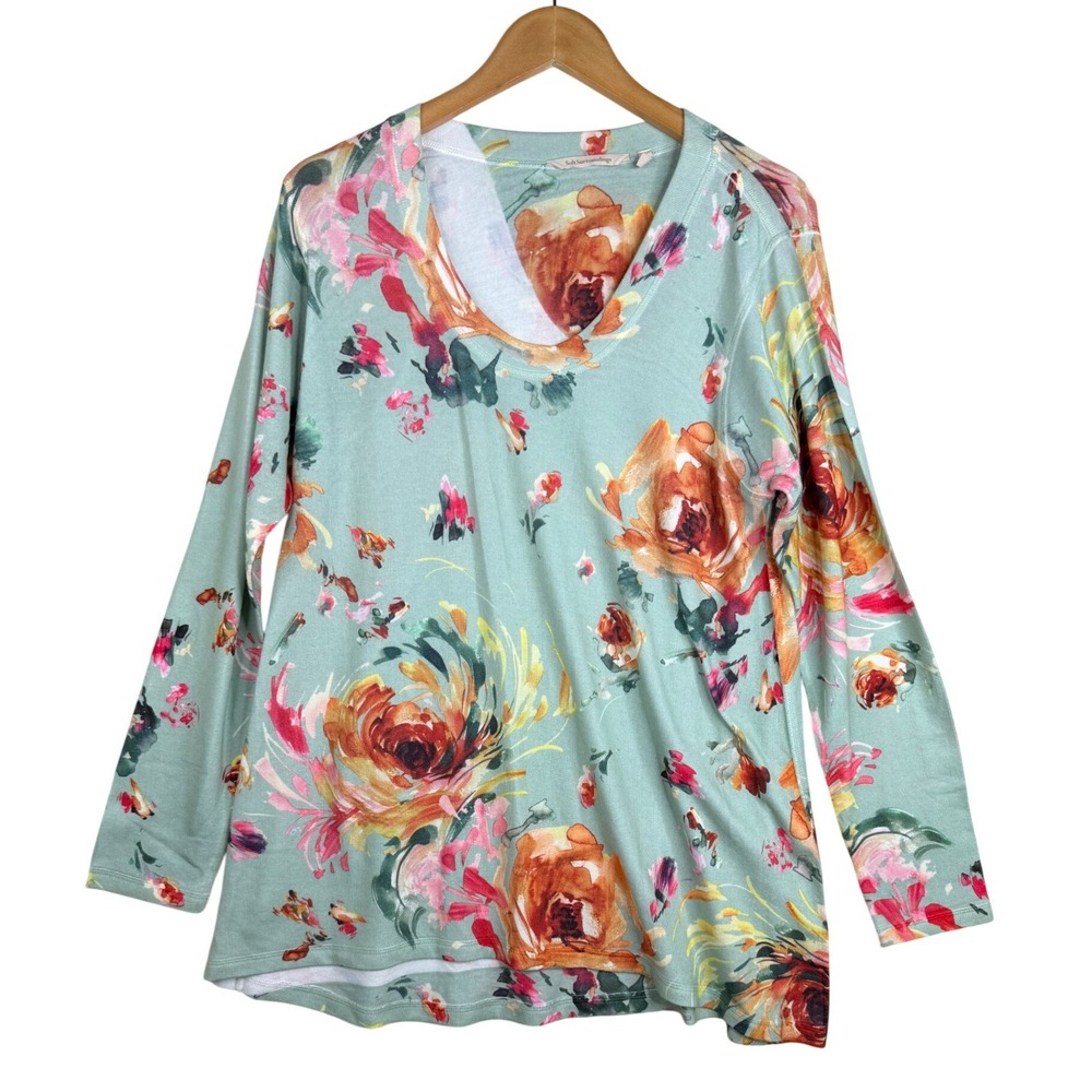 Soft Surroundings Green Floral Long Sleeve Scoop Neck Poly Tunic Top size Large